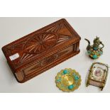 A DECORATIVE WOODEN BOX, AN ORNATE GILT METAL MINIATURE DISPLAY CASE & AN ORNATE EASTERN MINIATURE