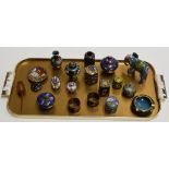 A TRAY WITH A ROBERT THOMPSON STYLE MOUSE CARVING & ASSORTED CHINESE & JAPANESE CLOISONNÉ WARE