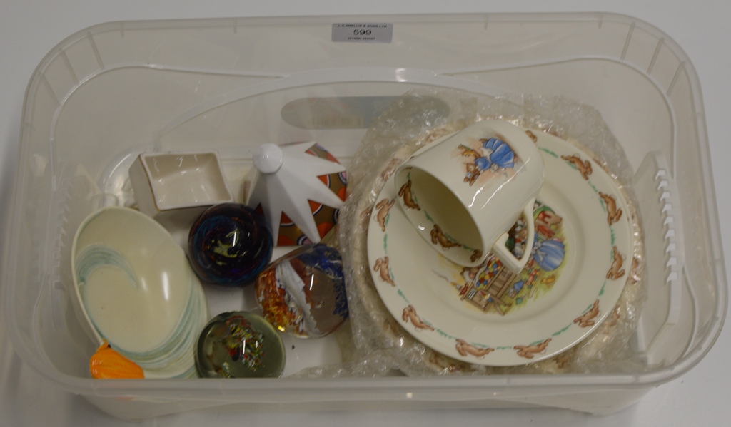 A BOX CONTAINING GLASS PAPER WEIGHTS, CRESTED CHINA, BUNNYKINS PORCELAIN, CARLTON WARE DISH ETC
