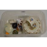 A BOX CONTAINING GLASS PAPER WEIGHTS, CRESTED CHINA, BUNNYKINS PORCELAIN, CARLTON WARE DISH ETC