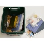 A BOX WITH VARIOUS COINS, SILVER PROOF COIN, DECIMAL COIN SETS, LOOSE COINS ETC