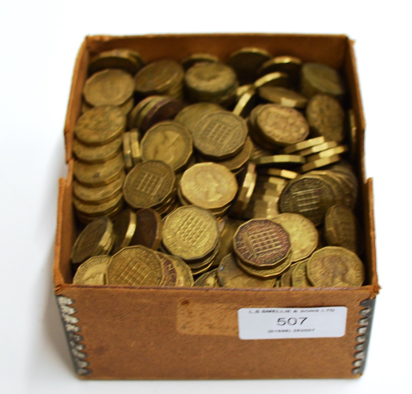 A BOX WITH ASSORTED OLD THREEPENCE COINS