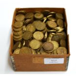 A BOX WITH ASSORTED OLD THREEPENCE COINS