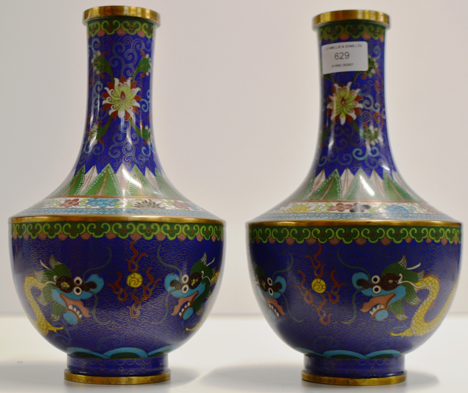 A PAIR OF 10¾" CHINESE CLOISONNÉ VASES DECORATED WITH 5 CLAW DRAGONS CHASING FLAMING PEARLS