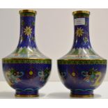 A PAIR OF 10¾" CHINESE CLOISONNÉ VASES DECORATED WITH 5 CLAW DRAGONS CHASING FLAMING PEARLS