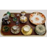 A TRAY CONTAINING A WEDGWOOD JASPER WARE LIDDED BOX, A DECORATIVE FRENCH SUGAR & CREAM SET, A