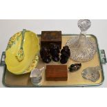 A TRAY CONTAINING LARGE BESWICK FLORAL DISH & SERVER, WISE MONKEY DISPLAYS, SHIPS DECANTER,