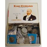 A CIGAR BOX WITH VARIOUS COINAGE, CROWN PIECES ETC