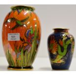 A 7½" CROWN DEVON POTTERY ART DECO STYLE LUSTRE FINISHED VASE, TOGETHER WITH ANOTHER 5¼" CROWN DEVON