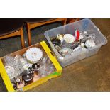 2 BOXES CONTAINING QUANTITY TEA WARE, LIMOGES DISHES, SHOT GLASSES, E.P.N.S. WARE, MIXED CERAMICS,
