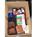 A BOX CONTAINING VINTAGE CAMERA, STEAM IRON, HAND MIXER, GAUGE ETC