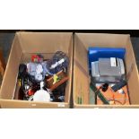 2 BOXES WITH STEREO SYSTEM, KITCHEN WARE, KETTLE, TOASTER, SMALL PICTURE ETC