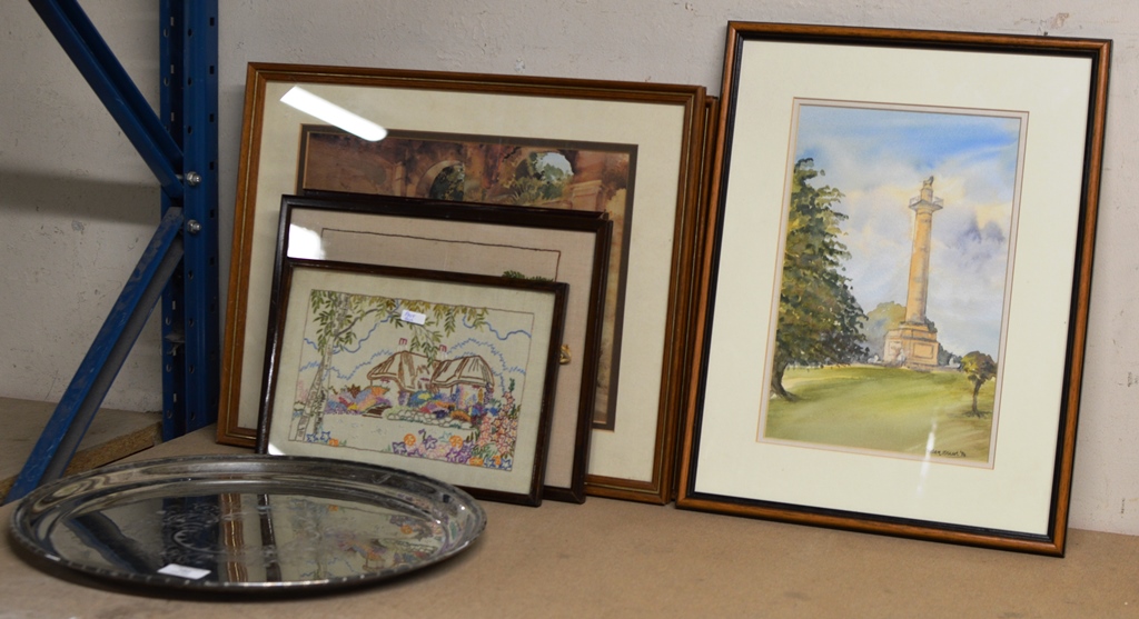 A CHROME TRAY & VARIOUS FRAMED PICTURES