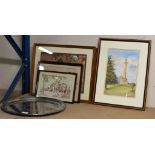 A CHROME TRAY & VARIOUS FRAMED PICTURES