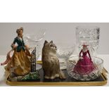 A TRAY CONTAINING A LARGE BESWICK CAT ORNAMENT, ROYAL WORCESTER FIGURINE, 1 OTHER FIGURINE, CUT