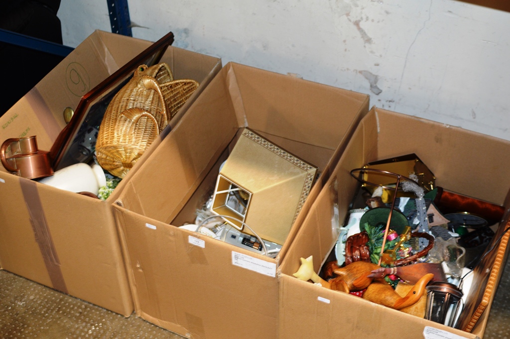 3 BOXES CONTAINING QUANTITY TEA WARE, COPPER WARE, MIXED CERAMICS, WICKER BASKET, WOODEN ANIMAL