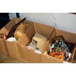 3 BOXES CONTAINING QUANTITY TEA WARE, COPPER WARE, MIXED CERAMICS, WICKER BASKET, WOODEN ANIMAL