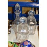 3 VARIOUS DECANTERS WITH STOPPERS