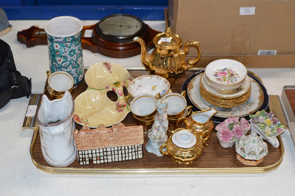 TRAY CONTAINING GILT COFFEE WARE, DIVISION DISH, DRESDEN CABINET CUP, VARIOUS ORNAMENTS ETC