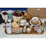 TRAY CONTAINING GILT COFFEE WARE, DIVISION DISH, DRESDEN CABINET CUP, VARIOUS ORNAMENTS ETC