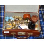 SMALL CASE WITH QUANTITY VARIOUS COSTUME JEWELLERY, FAUX PEARLS, BROOCHES, STUD BOXES, ROLEX