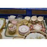 TRAY CONTAINING 2 PART TEA SETS, MALING JUG, GLASS WARE ETC