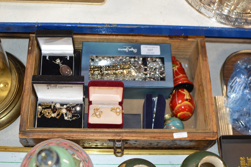 BOX WITH QUANTITY COSTUME JEWELLERY, SILVER PENDANT & CHAIN, GOLD PLATED EARRINGS, MINIATURE WORLD