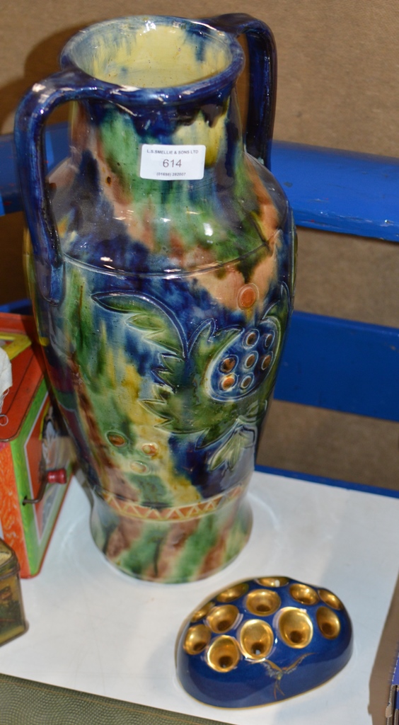 MAJOLICA STYLE DOUBLE HANDLED VASE & CARLTON WARE FLOWER HOLDER