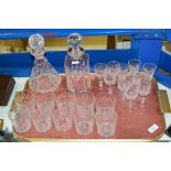 TRAY WITH VARIOUS CUT CRYSTAL GLASSES & 2 VARIOUS DECANTERS