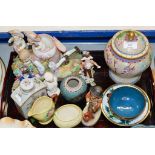 TRAY CONTAINING CLOISONNÉ WARE, MIXED CERAMICS, CARLTON WARE SUGAR & CREAM, GOEBEL FIGURINE ETC