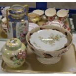 TRAY CONTAINING NORITAKE HAND PAINTED VASE, MALING LUSTRE LIDDED JAR, FOOTED BOWL ETC