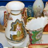 DECORATIVE DOUBLE HANDLED VASE & 1 OTHER HAND PAINTED VASE