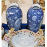 DECORATIVE FIGURAL COMPORT & PAIR OF LARGE BLUE & WHITE VASES