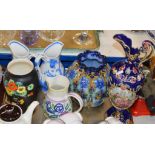 TRAY WITH MIXED CERAMICS, PAIR OF BLUE & WHITE JUGS, DECORATIVE SOUVENIR POTTERY, POOLE POTTERY