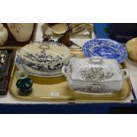 TRAY WITH LIDDED TUREENS, SPODE BOWL, BLUE & WHITE ASHET, MDINA GLASS VASE ETC