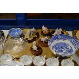 TRAY CONTAINING VARIOUS DOG ORNAMENTS, STUART CRYSTAL DISH, MASONS BOWL, JAPANESE PIN DISHES ETC