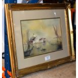 GILT FRAMED WATERCOLOUR - EASTERN HARBOUR SCENE, SIGNED TEMPLETON