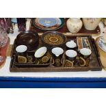 WOODEN TRAY WITH VARIOUS SPOONS, COFFEE WARE ETC