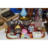 TRAY CONTAINING DECANTER WITH STOPPER, 3 PIECE E.P.N.S. TEA SERVICE, PICQUOT WARE SUGAR & CREAM,