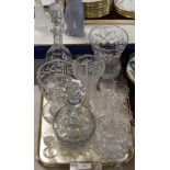 TRAY WITH ASSORTED CUT CRYSTAL WARE, DECANTER WITH STOPPERS, SMALL THISTLE STEM GLASS, VASES ETC