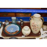 TRAY WITH POTTERY VASES, VARIOUS DISHES, DECORATIVE JUG, E.P.N.S. JUG, DOULTON VASE ETC