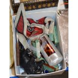 BOX CONTAINING SPECTACLE CASE, NUTCRACKERS, CIGARETTE CARDS, ELEPHANT ORNAMENT, CUTLERY ETC