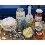 TRAY CONTAINING SOUVENIR SPOONS, LIMOGES TEA WARE, COLOURED GLASS WARE, JAPANESE VASE ETC