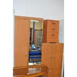 3 PIECE TEAK FINISHED BEDROOM SET & 3 DRAWER BEDSIDE CHEST