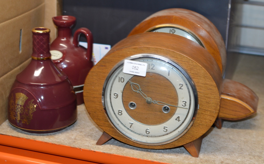 2 DECO STYLE MANTLE CLOCKS & 2 POTTERY DECANTERS