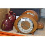 2 DECO STYLE MANTLE CLOCKS & 2 POTTERY DECANTERS