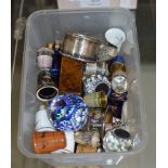 BOX CONTAINING SILVER NAPKIN RING, VARIOUS THIMBLES, SWAROVSKI STYLE ORNAMENTS ETC