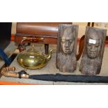 PAIR OF AFRICAN STYLE BUST DISPLAYS, BRASS KETTLE & UMBRELLA