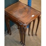 NEST OF 3 MAHOGANY TEA TABLES WITH GLASS PRESERVES