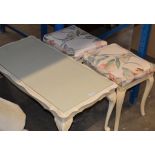 PAINTED LONG JOHN COFFEE TABLE & 2 PADDED STOOLS